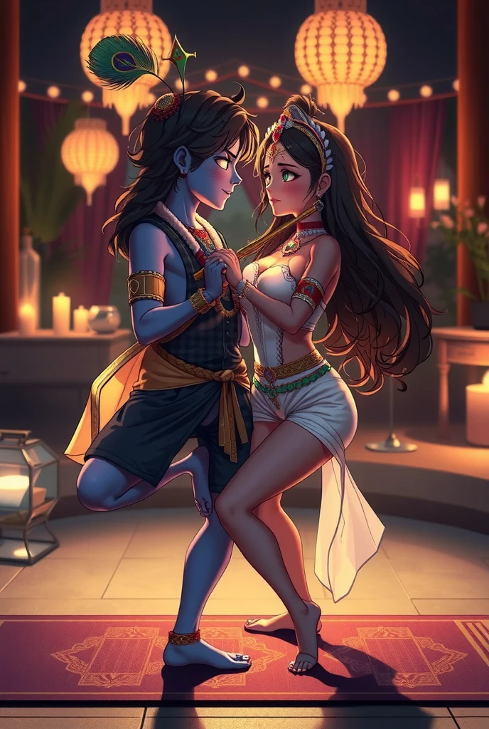 A anime inspired modern, portrayal of Radha and Krishna in a symbolic couple yoga pose, their clothing and positioning to hint at a deep, sensual connection. Krishna, with his iconic peacock feather and blue glowing skin and flute, wearing shorts and vest and Radha, golden white glowing, in modern tight yoga dress engage in a balanced pose that subtly implies something deeper happening between them. The warm, soft lighting adds to the intimate atmosphere, and their gaze conveys closeness, blending spirituality and romance in a visually symbolic pose. 