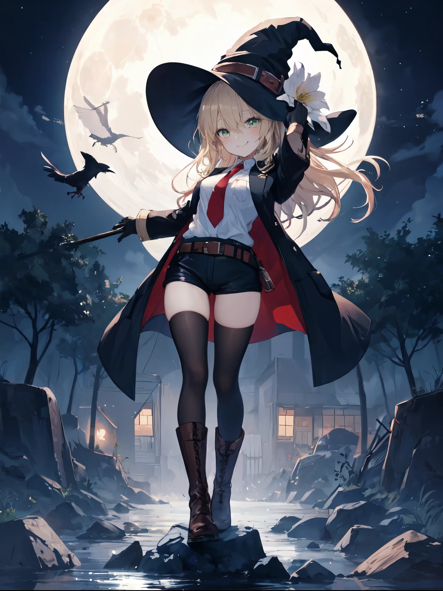 best quality, integrated scenery, integrated background, extremely delicate and beautiful, meticulous details, good composition, , cute face, perfect face, perfect hands,masterpiece, best quality, witch hat, black gloves, thighhighs, looking at viewer, smile, night, trees, black_cats, crows, moon ,medium_breasts,dark_night_town_landscape cutout, looking at viewer, big_smile , old_town,happy,1young__girl,full_of_beans,blond_hair,very_long_bangs,:), glower,rise_knee,short_shorts,short_boots,happy, Hooray_posing,rise_arms,large_flower_ornaments,red_tie,front_closed_black_military_formal_jacket,large_loose_belts,chest_pockets, Sagging_eyes,lily,dark_green_eyes, glitter_magic_effect,