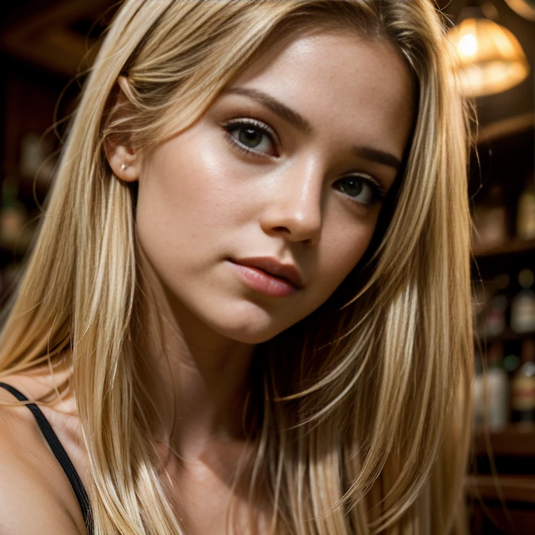 A beautiful blonde 18 year old girl in a bar. Decollete. frown. Long hair. Lean forwards. close up shot. shot from below. look down on the viewer