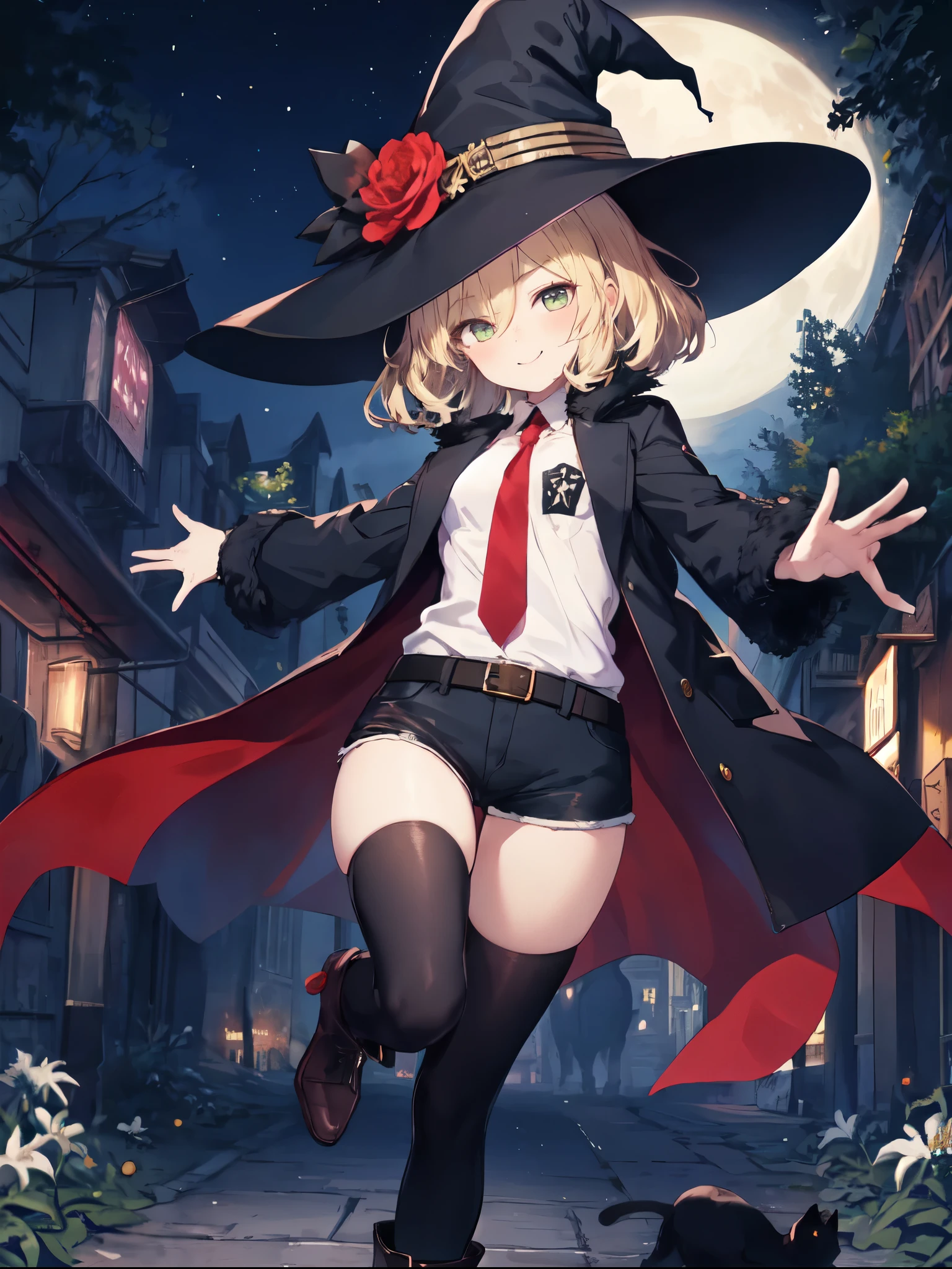 best quality, integrated scenery, integrated background, extremely delicate and beautiful, meticulous details, good composition, , cute face, perfect face, perfect hands,masterpiece, best quality, witch hat, black gloves, thighhighs, looking at viewer, smile, night, trees, black_cats, crows, moon ,medium_breasts,dark_night_town_landscape cutout, looking at viewer, big_smile , old_town,happy,1young__girl,full_of_beans,blond_hair,very_long_bangs,:), glower,rise_knee,short_shorts,short_boots,happy, Hooray_posing,rise_arms,large_flower_ornaments,red_tie,front_closed_black_military_formal_jacket,large_loose_belts,chest_pockets, Sagging_eyes,lily,dark_green_eyes, glitter_magic_effect,