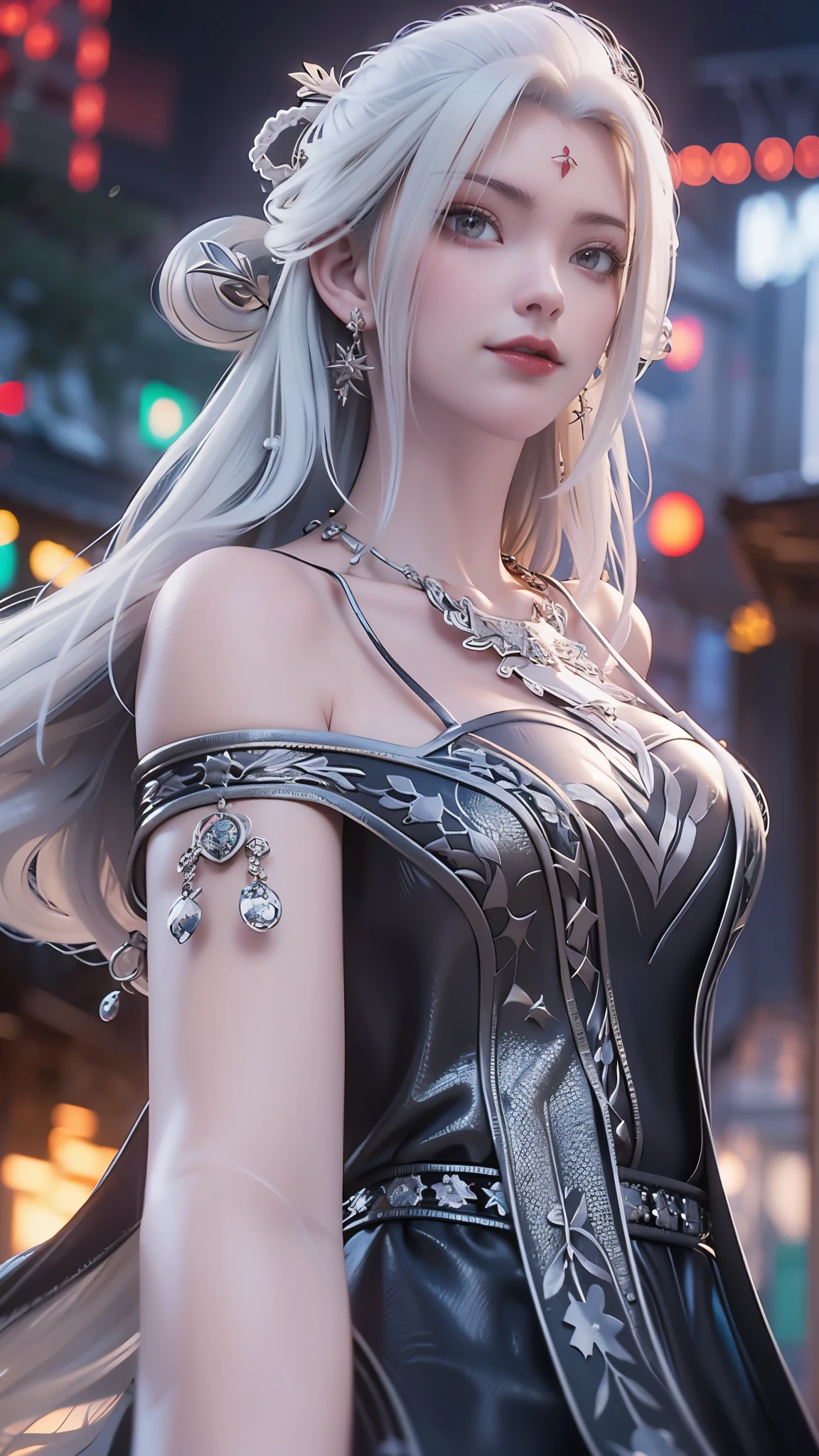 Best quality, masterpiece, ultra high resolution, Aesthetics and Christmas atmosphere, Film Grain, Soft Focus, Bokeh, masterpiece realistic volumetric light,1 girl, star shaped pupils:1.5,White hair, curls, giggle, (freckle:0.8), thigh, (Shiny:1.3) ,black dress,Christmas tree background,winter,snow, Ray Traced Reflections, dynamic angle,legs cross,from below and side