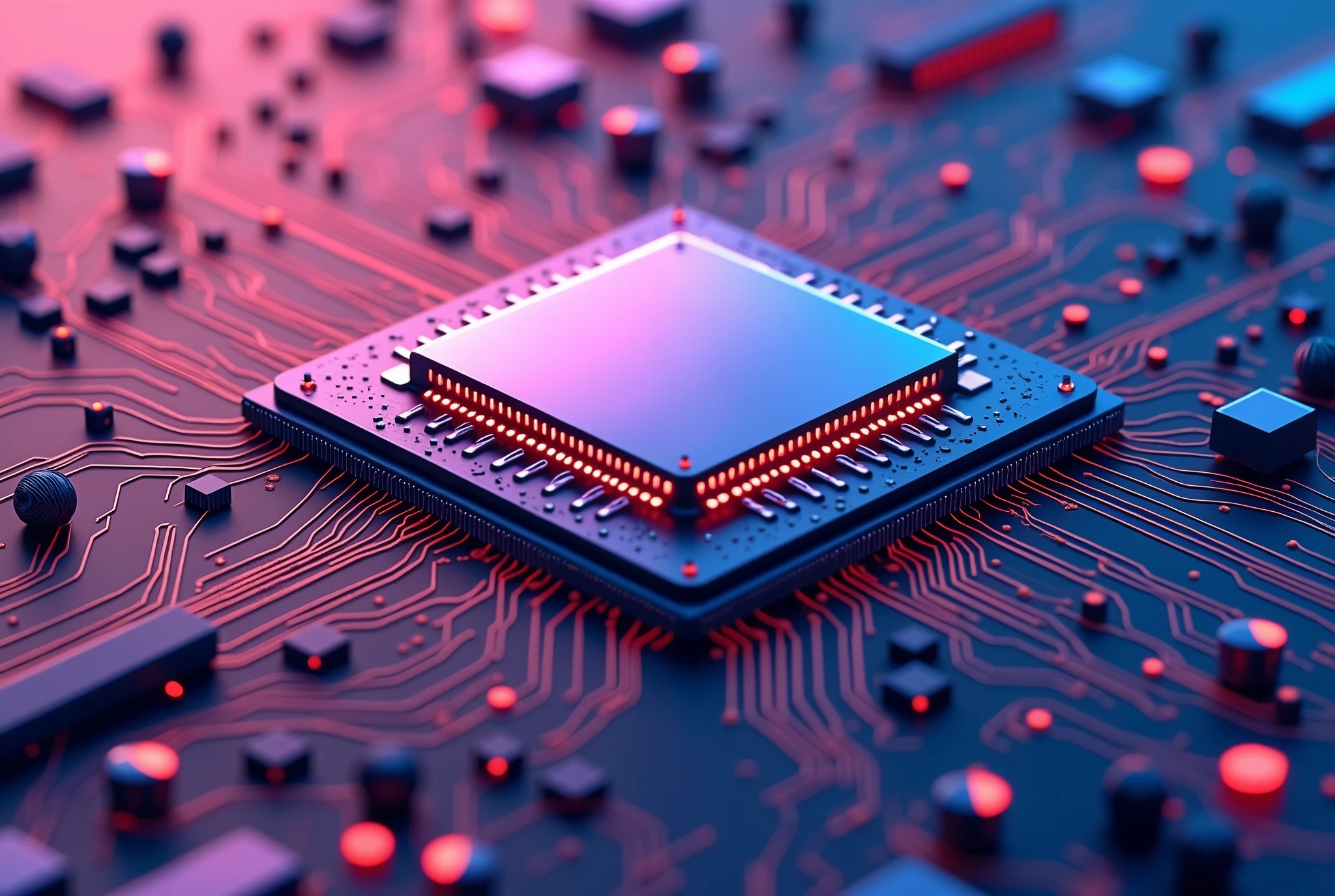 IC chip circuit diagram , 3D isometric,Simplified illustration , futuristic,Artistic, vivid color