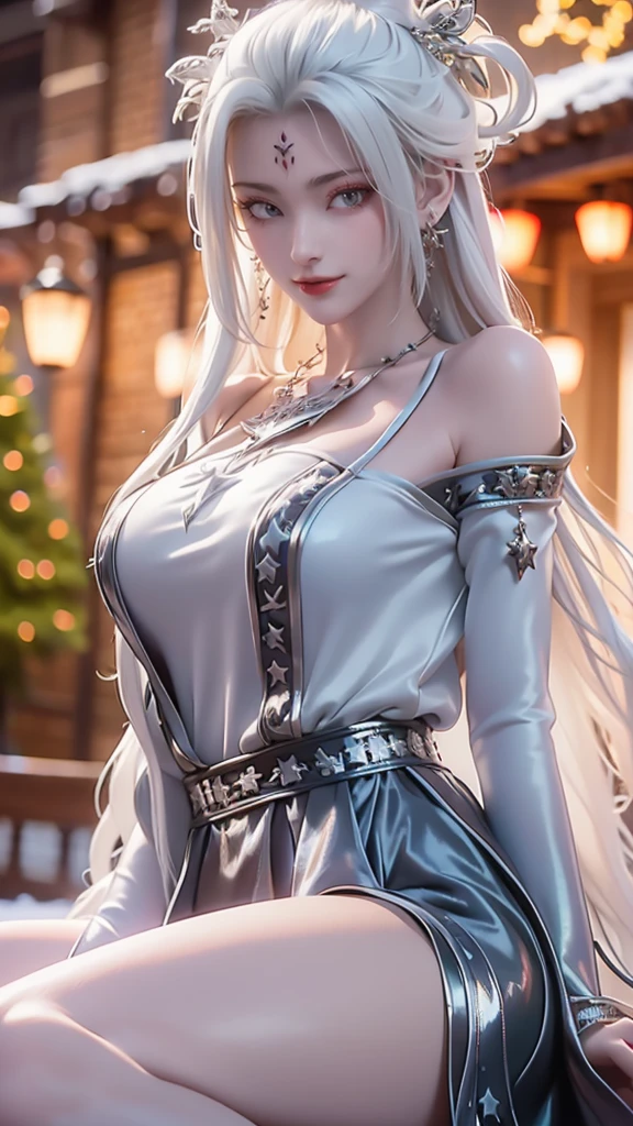 Best quality, masterpiece, ultra high resolution, Aesthetics and Christmas atmosphere, Film Grain, Soft Focus, Bokeh, masterpiece realistic volumetric light,1 girl, star shaped pupils:1.5,White hair, curls, giggle, (freckle:0.8), thigh, (Shiny:1.3) ,black dress,Christmas tree background,winter,snow, Ray Traced Reflections, dynamic angle,legs cross,from below and side