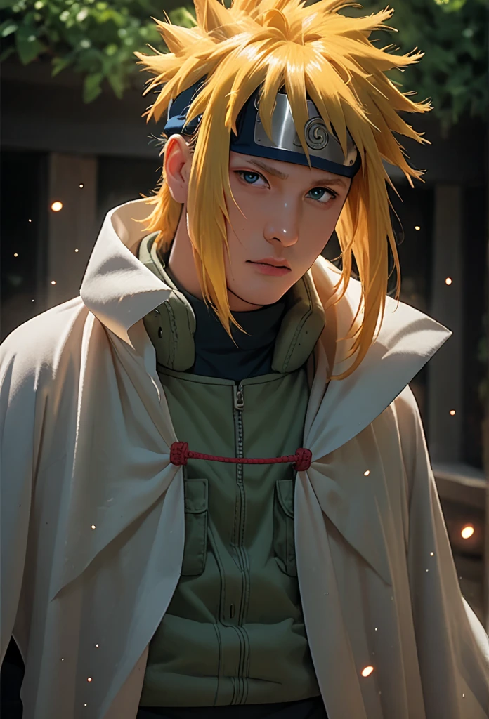 Minato uzumaki, yellow hair, head protector, green rompi, white cloak