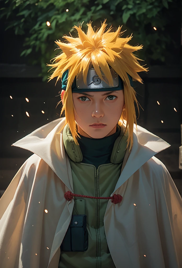 Minato uzumaki, yellow hair, head protector, green rompi, white cloak