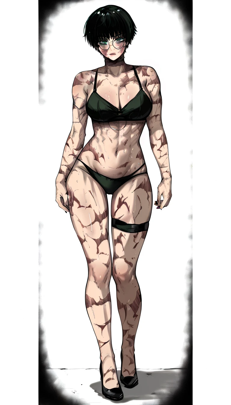 ((1woman)) whole body, standing, gray skin, drow, elf, 1 girl, maduro, purple eyes, by white, black bikini, ABS, Large knockers, tattered rags, chain collar, stomach tattoo (red tattoo)