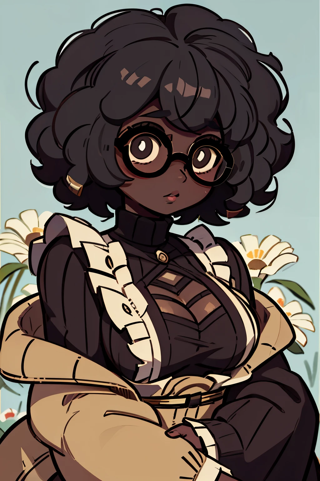 Solo, female, dark skin, curly hair, (((short hair))), Black afro, curly afro,  lipstick, eyeliner, eyelashes, thick eyelashes, dark skin glasses, mature female, chubby face, flowers in hair