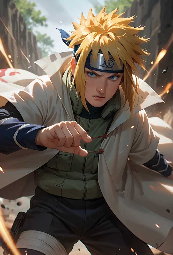 Minato uzumaki, yellow hair, blue eyes, head protector, green rompi, white cloak, fight scene