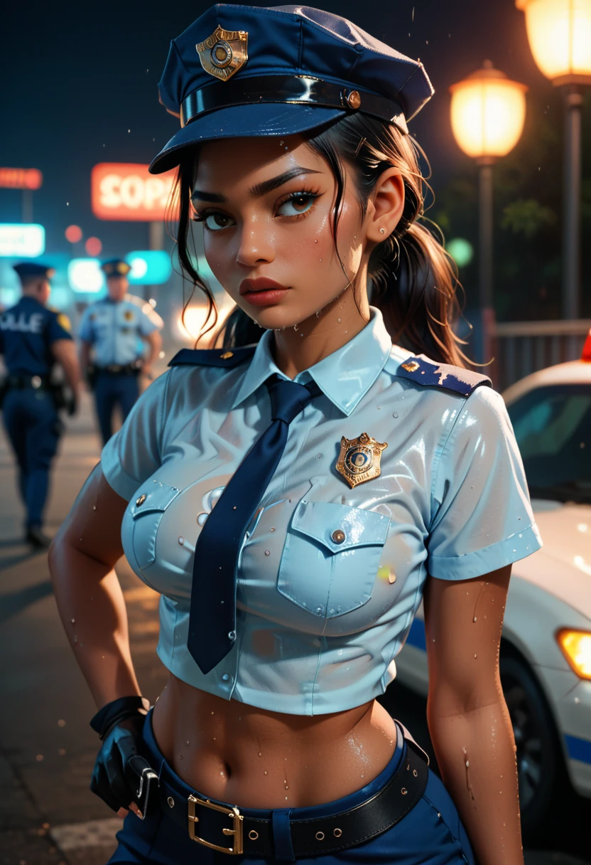 Busty young Girl Cop, Police Officer, sweaty, hot, lustful, 