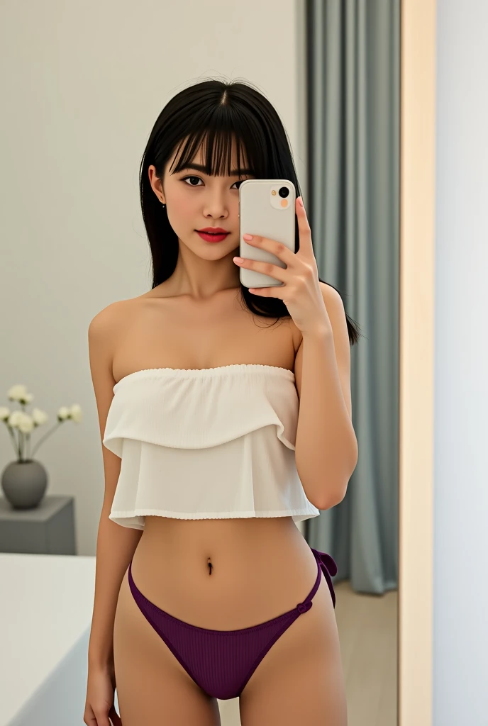 A beautiful young Asian woman with smooth and radiant skin, straight and thick black hair, delicate features. She wears a stylish loose white strapless crop top, paired with a purple bikini bottom, creating a fashionable and casual look. She is taking a mirror selfie with her iPhone in a bright and simple room. The mirror is large with a simple frame, and the background consists of soft lighting, delicate decorations, and a neutral color palette. The overall atmosphere is trendy and aesthetic, with a sharp focus on the subject and a slightly blurred background to add depth.