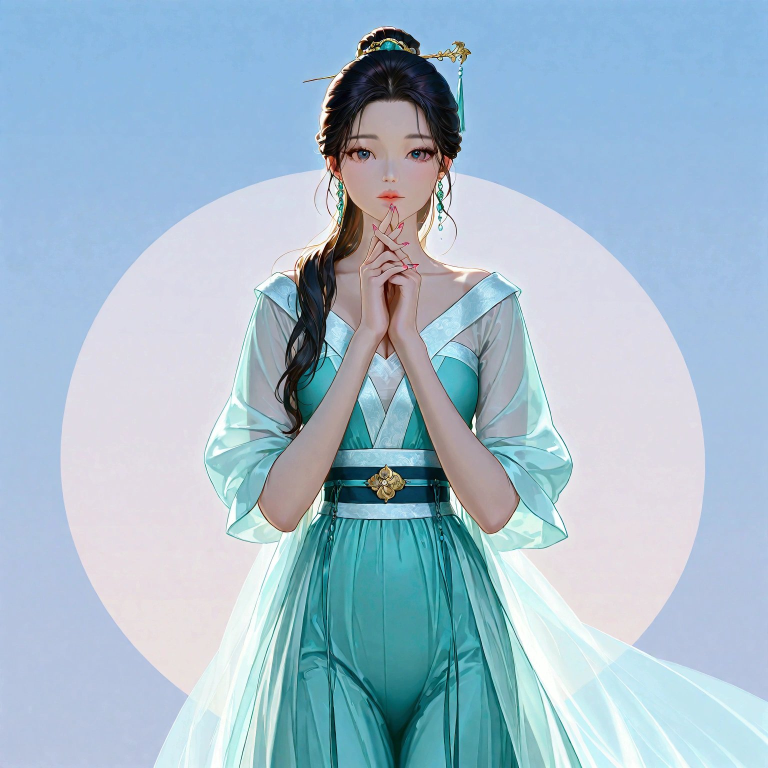 gufeng, guofeng, chinese clothes, hanfu, 1girl, solo, 
realistic, nail polish, standing, from viewer,  cowboy shot, 
masterpiece, best quality, realistic, 8k, official art, cinematic light, ultra high res, perfect female body, sharp focus, 
HDR, 8k, amazing quality, very aesthetic, absurdres, newest, (volumetric lighting), photorealistic, photo background, detailed skin, detailed eyes, detailed hair, fantasy,