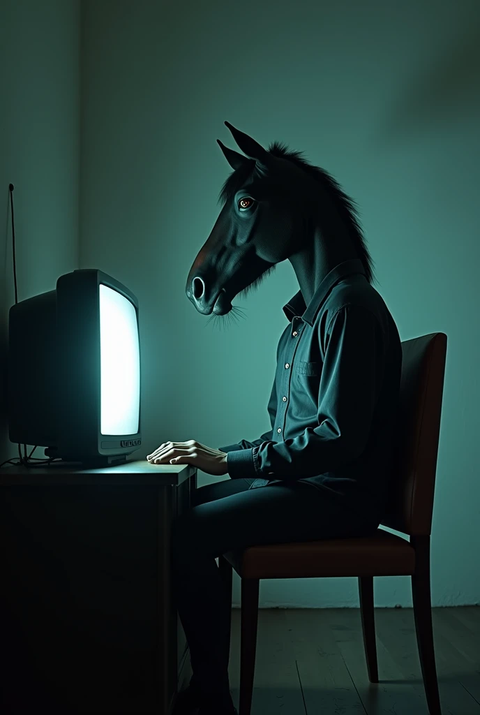 Teal and orange neon lights set up room and a horse playing computer games