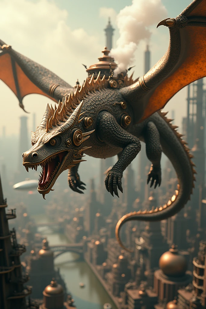 A clockwork dragon with mechanical wings and gears