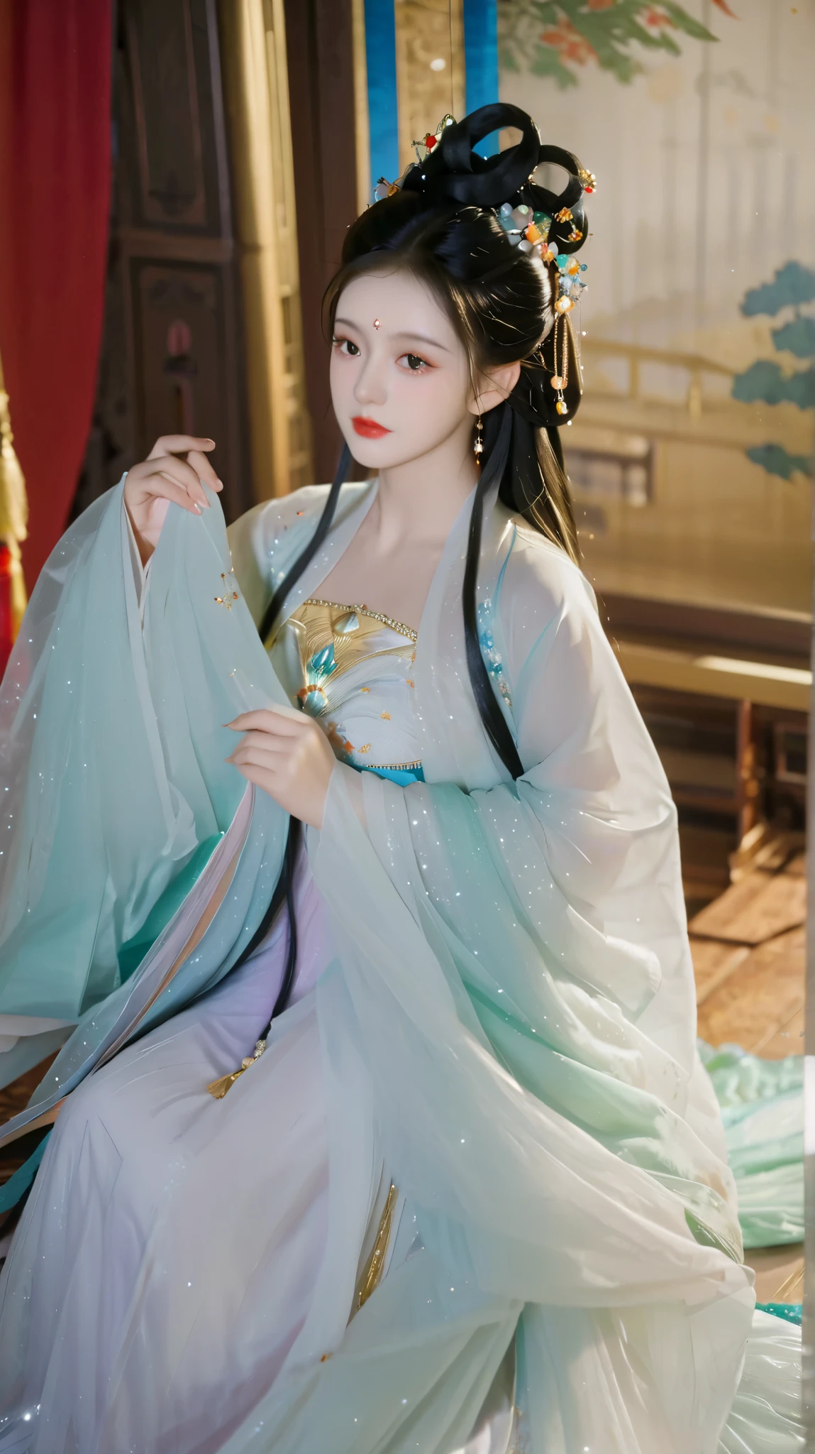  Best Quality  at best, 超高分辨率, ((( 1 girl))),(Long black hair), Game Fairy, Old Palace , Hanfu, ,  Elegant Light Yarn , jewelry, (focus), ((( colorful))), particle effects , masterpiece,  Best Quality  at best, Beautiful painting, meticulous,   Very detailed  , (masterpiece,  Best Quality  at best）  CG Uniform 8K Wallpaper，masterpiece， Best Quality ， super detailed）,  Ultra HD，Clear face