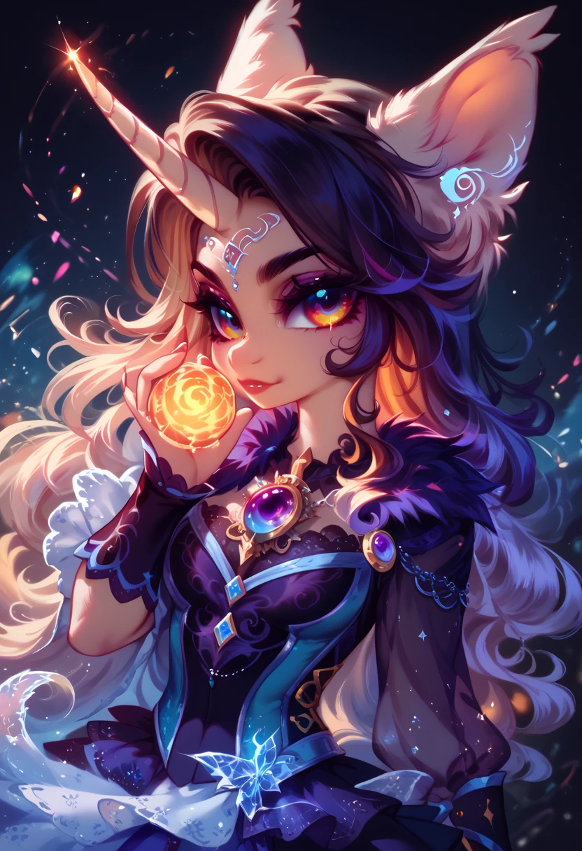 (score_9,score_8_up,score_7_up,score_6_up,score_5_up,score_4_up) dark unicorn, glowing, whimsical, enchanted, magical, fantasy art concept, intricate details,