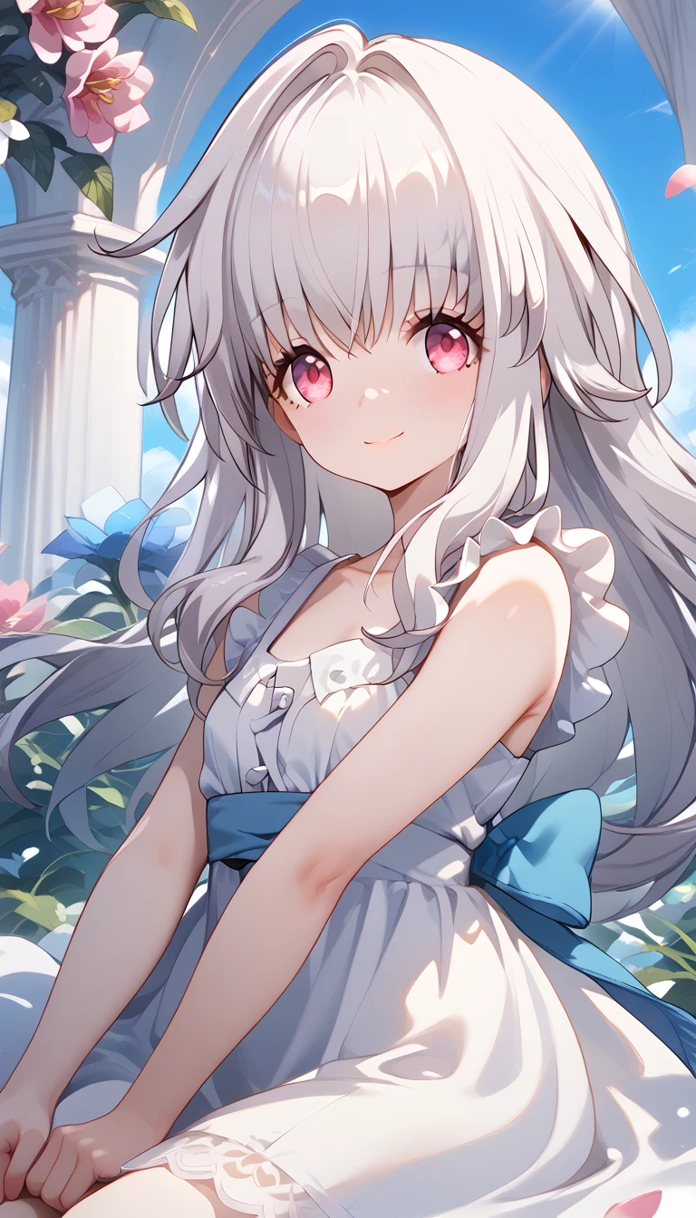 clara (honkai: star rail), 1girl, long hair, white hair,  close your eyes　alone,  eyebrow visible from inside hair ,  hair between eyes　 top quality, very aesthetic, sundress　smile　 sommer　in the flower garden　grassland　flower　in the sky　petal　outside　Sunlight　 open mouth 　 Flower blowing snow　 happy