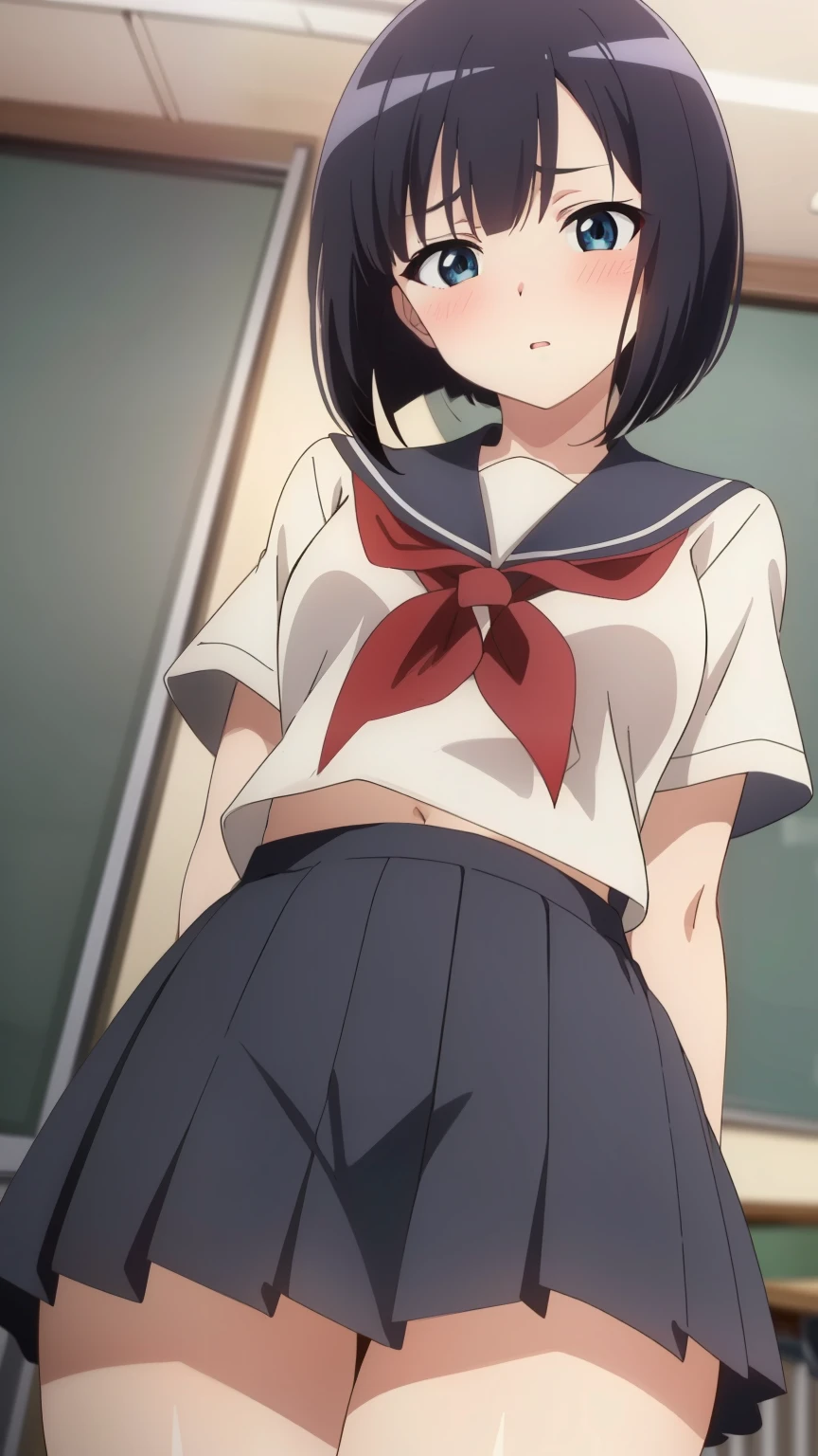 (Top quality, masterpiece, 8k), (anime coloring), Very detailed, very detailed, perfect face, beautiful eyes, perfect eyes, detailed eyes, feature large highlight, detailed face, ultra-detailed, detailed eyes, symmetrical eyes, (dynamic angle), Sharp details, tomoe, black hair, (short:1.3), (small breasts), bob cut, healthy skin, (classroom, school uniform, thighs, blushed), (cowboy shot:1.5), looking at the viewer, in the center of the image