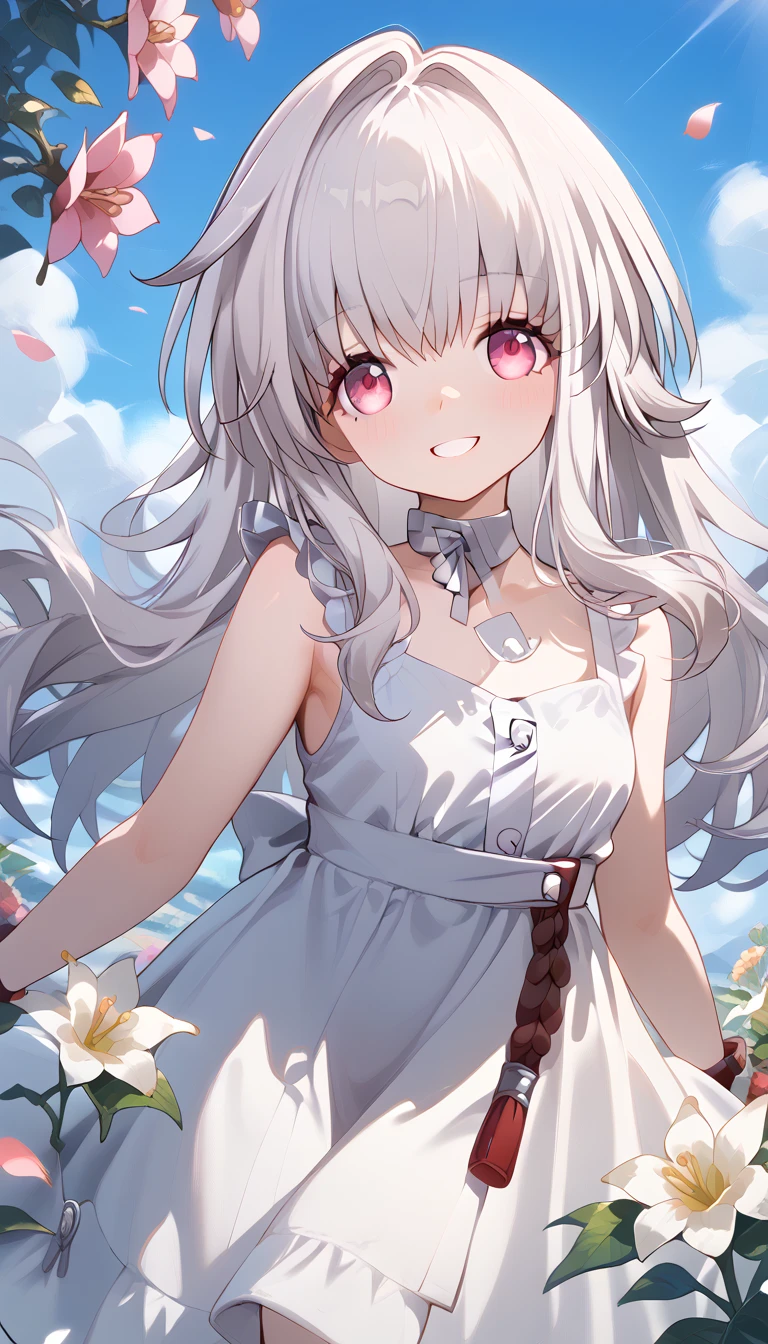 clara (honkai: star rail), 1girl, long hair, white hair,  close your eyes　alone,  eyebrow visible from inside hair ,  hair between eyes　 top quality, very aesthetic, sundress　smile　 sommer　in the flower garden　grassland　flower　in the sky　petal　outside　Sunlight　 open mouth 　 Flower blowing snow　 happy　fun