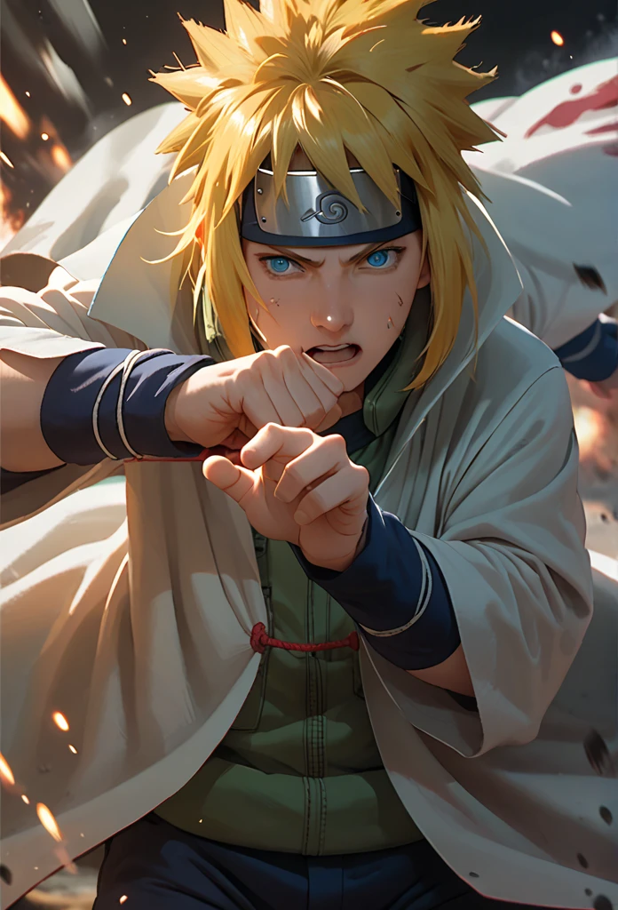 Minato uzumaki, yellow hair, blue eyes, head protector, green rompi, white cloak, fight scene, rasengan