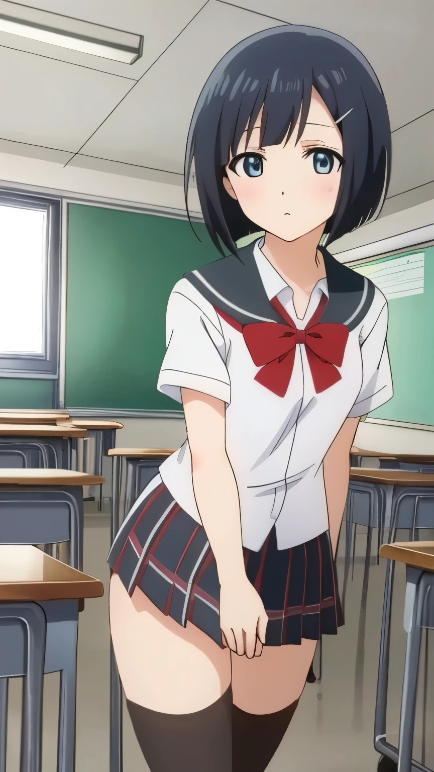 (Top quality, masterpiece, 8k), (anime coloring), Very detailed, very detailed, perfect face, beautiful eyes, perfect eyes, detailed eyes, feature large highlight, detailed face, ultra-detailed, detailed eyes, symmetrical eyes, (dynamic angle), sharp details, tomoe, black hair, dark brown eyes, (short:1.3), (small breasts), bob cut, healthy skin, hairpin, (classroom, school uniform, black stockings), (cowboy shot), looking at the viewer, in the center of the image