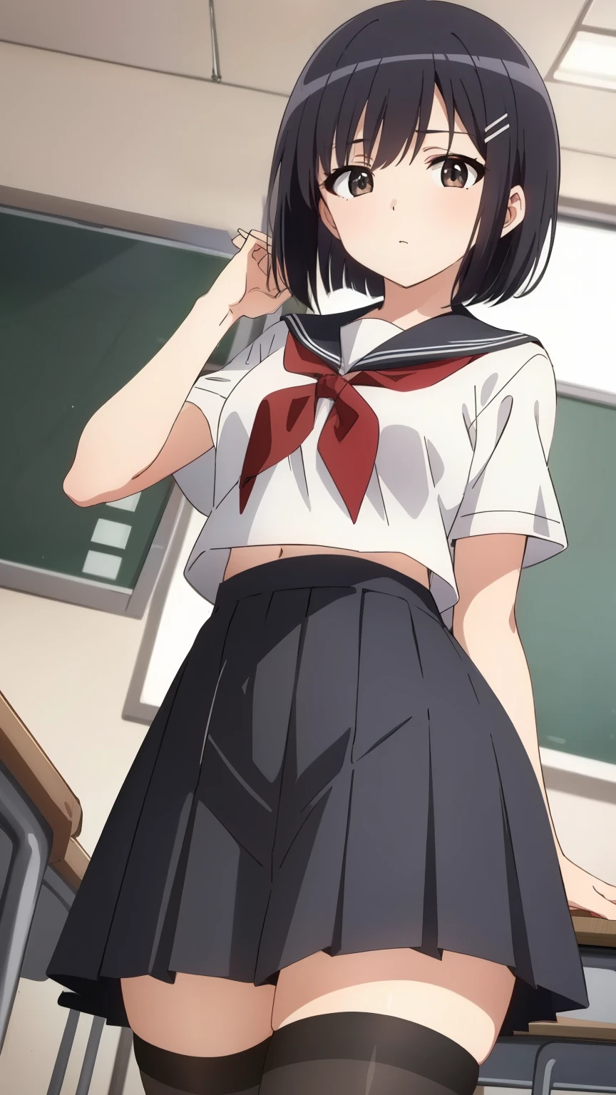 (Top quality, masterpiece, 8k), (anime coloring), Very detailed, very detailed, perfect face, beautiful eyes, perfect eyes, detailed eyes, feature large highlight, detailed face, ultra-detailed, detailed eyes, symmetrical eyes, (dynamic angle), sharp details, tomoe, black hair, dark brown eyes, (short:1.3), (small breasts), bob cut, healthy skin, hairpin, (classroom, school uniform, black stockings), (cowboy shot), looking at the viewer, in the center of the image