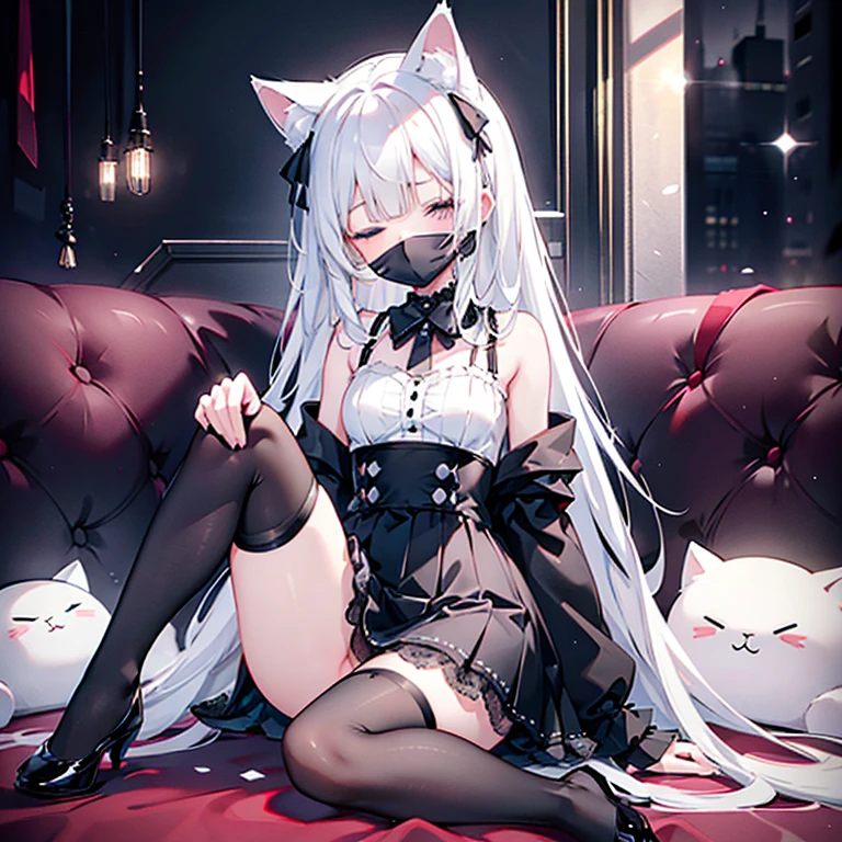 Cute pure white haired 18 year old cat ears girl wearing black and black lace miniskirt and black stockings with black panties，Sitting lying face very very very red upskirt ，Dressed cute with one eye closed，There are no defects in the whole body，The whole body is in the picture 