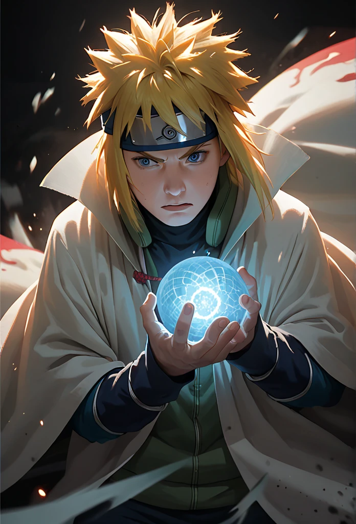 Minato uzumaki, yellow hair, blue eyes, head protector, green rompi, white cloak, fight scene, hand drag glowing blue ball