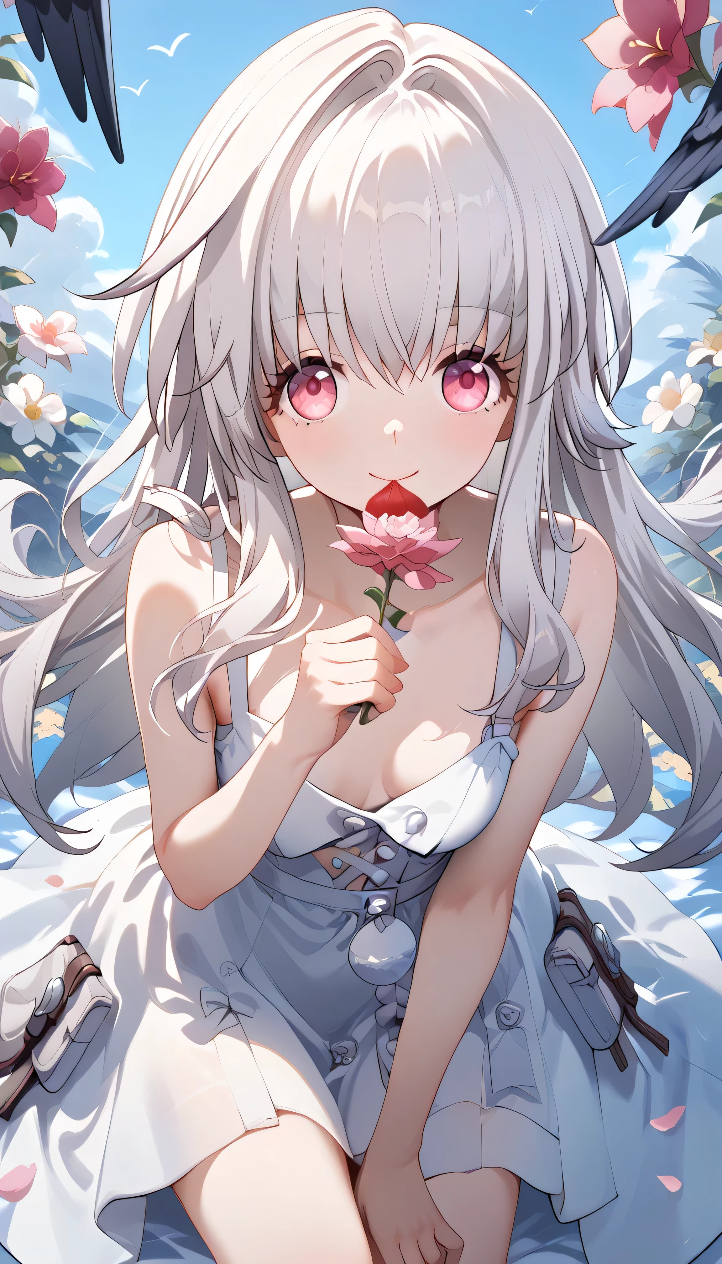 clara (honkai: star rail), 1girl, long hair, white hair, crows eye,　alone,  eyebrow visible from inside hair ,  hair between eyes　 top quality, very aesthetic, sundress　smile　 sommer　in the flower garden　grassland　flower　in the sky　petal　outside　Sunlight　 open mouth 　 Flower blowing snow　 happy　fun