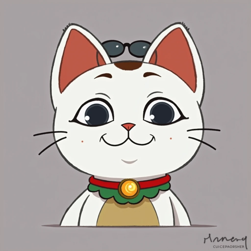 cat character standing, cute, red necklace and golden pendant on necklace, wearing sunglasses