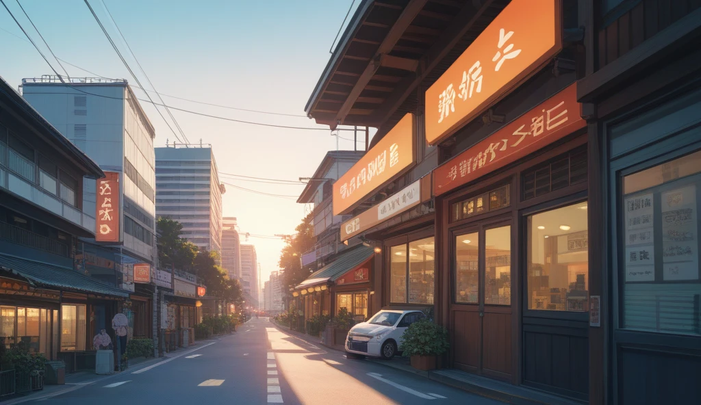 ANIME STYLE, Japan city in rush hour, no people, no TEXT, NO SIGN, NO WATER MARK, with detailed design, with ANIME style effect, high resolution and clear details, clear sky, HIGH DETAILED, light grey and orange, lens flare, adventure, vibrant color grading, digital art, high resolution, best quality, day light