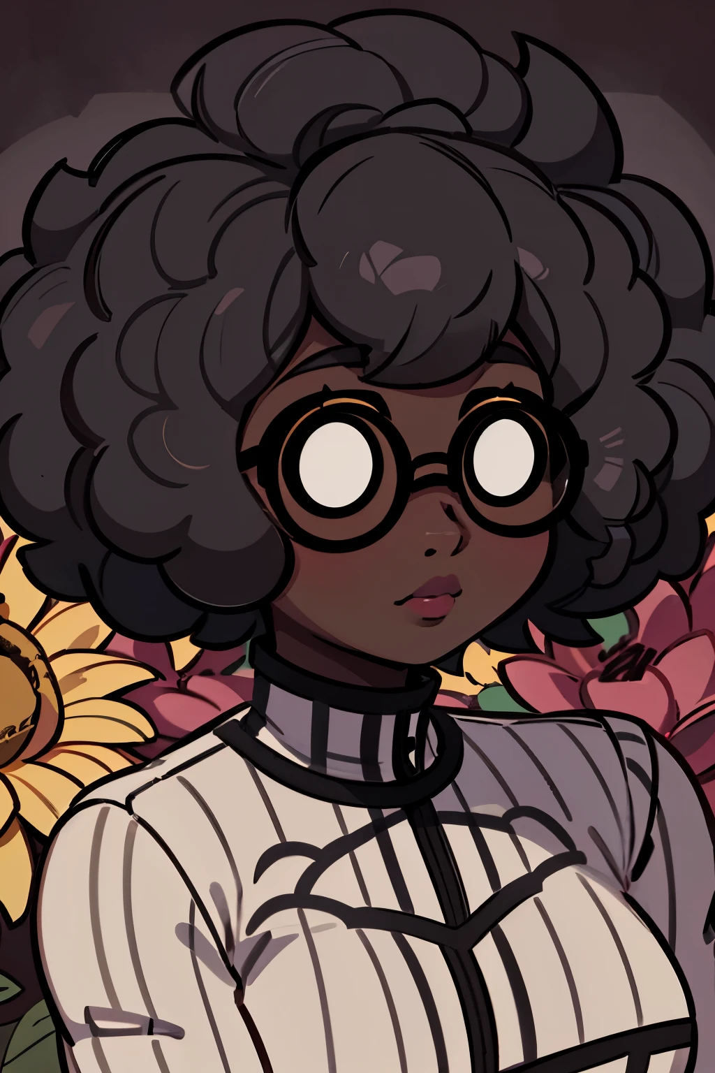 Solo, female, dark skin, curly hair, (((short hair))), Black afro, curly afro,  lipstick, eyeliner, eyelashes, thick eyelashes, dark skin glasses, mature female, chubby face, flowers in hair