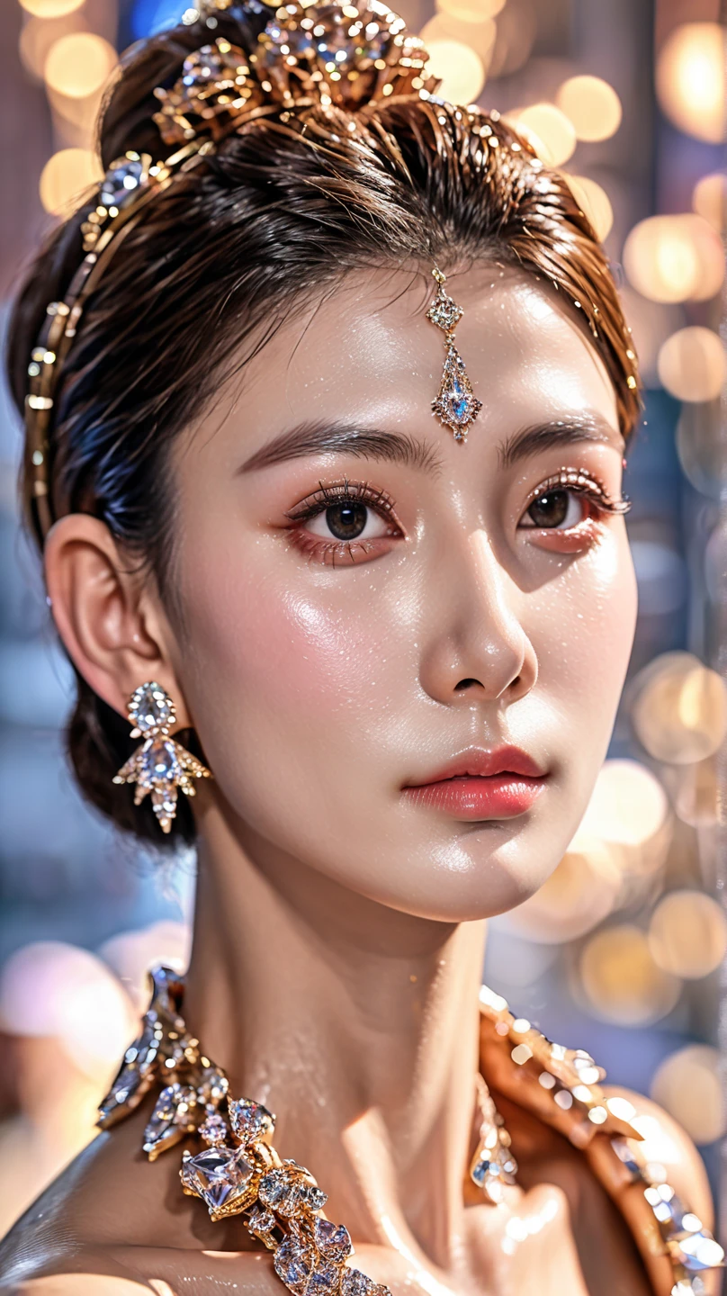 detailed eyes, Perfect features, (masterpiece), (best quality), moist skin, shiny skin, glossy skin, (good quality), intricate details, earrings, Ray Tracing,  (See-through:1.3), (bokeh:1.4),