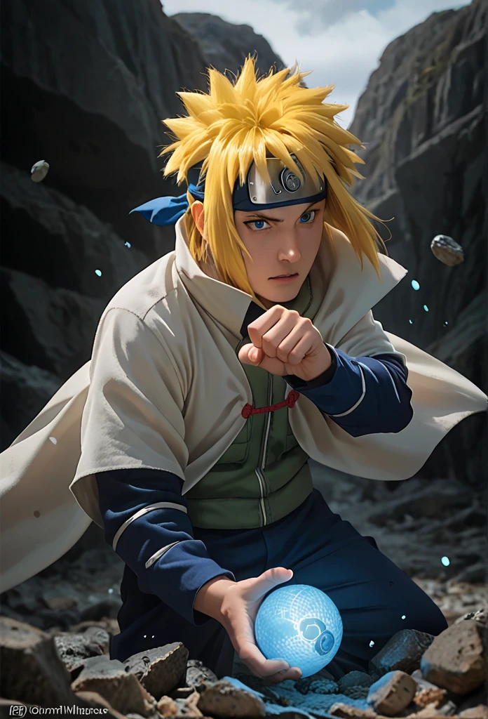 Minato namikaze, yellow hair, blue eyes, head protector, green rompi, white cloak, fight scene, one hand drag glowing blue ball and one hand in front, rocks background