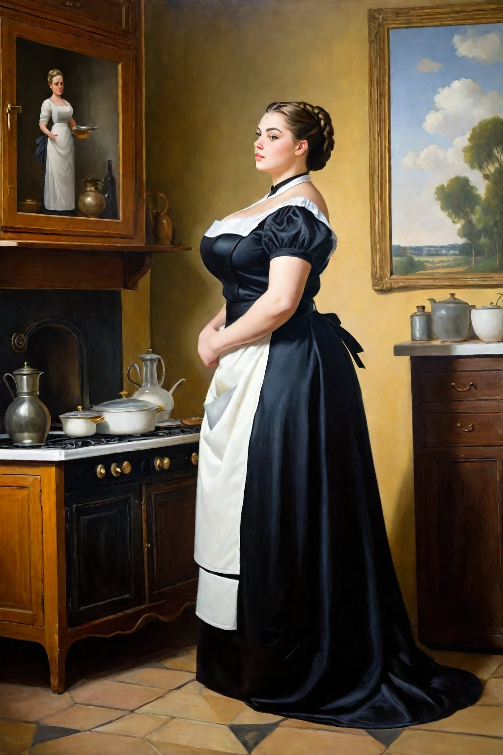 Full body shot of a curvaceous, voluptuous, buxom Victorian widow standing in her kitchen, by Jean Béraud, inspired by Jean Béraud, inspired by Édouard Detaille, edouard leon cortes, inspired by Ivan Kramskoi, inspired by Jean-Louis-Ernest Meissonier, by Édouard Detaille, inspired by Paul Émile Chabas