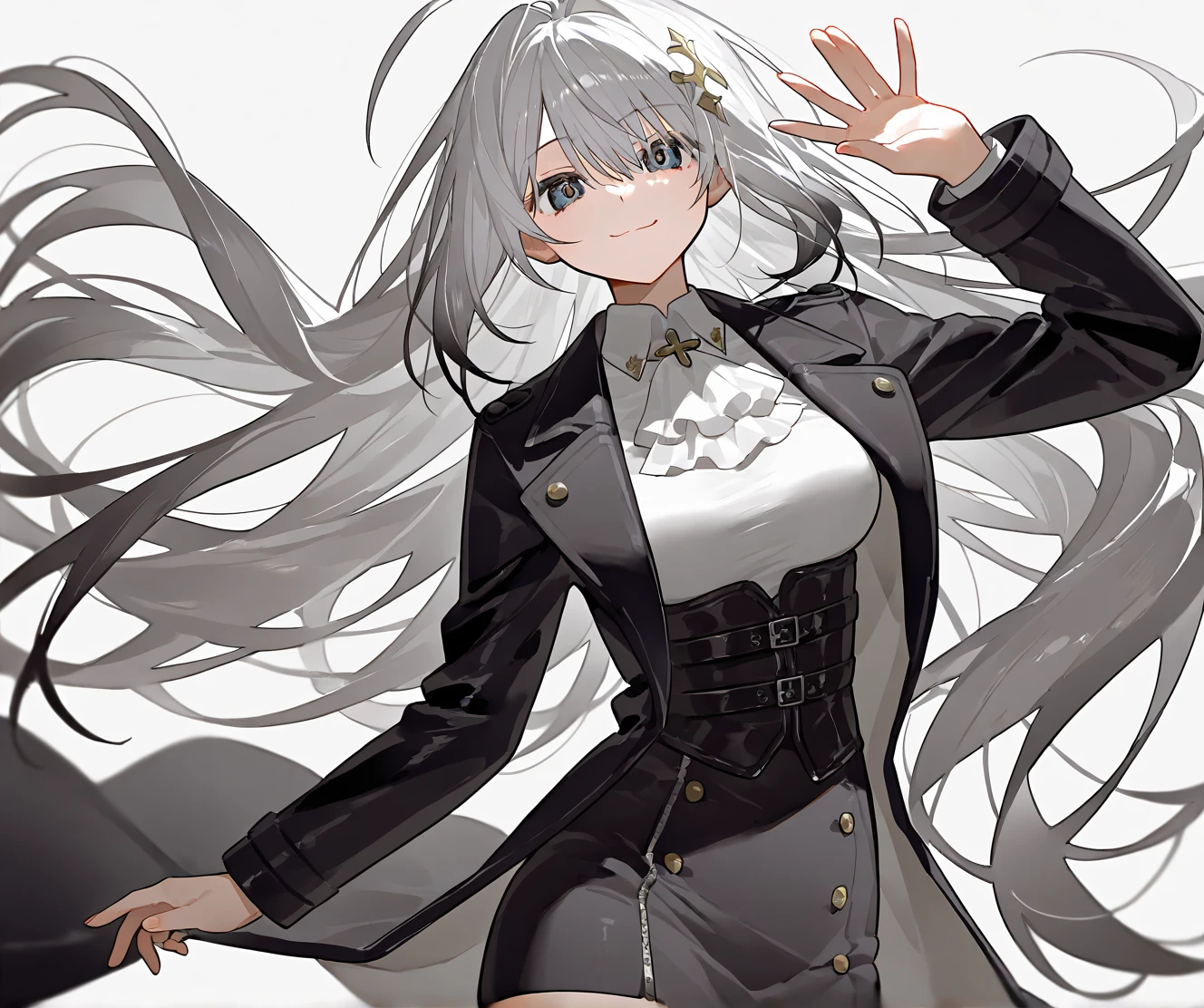 White background, girl1, vtuber, beautiful  oranye oranye darke eyes,  ahoge white gray faded hair color longs hair () , kawai, angel smile narrow eyes, bangs slightly covering the eyes Tall body, mouth closed, empty background, wearing a tight long black skirt white background, Open hand pose vtuber design vtuber, wearing a white elegant shirt, wearing a tight black corset, wearing a noble white jabot, kawai smile, Long eared elves, Kawai Using ribbon accessories, wearing a black coat, buttoned coat, the left hand holds the right wrist