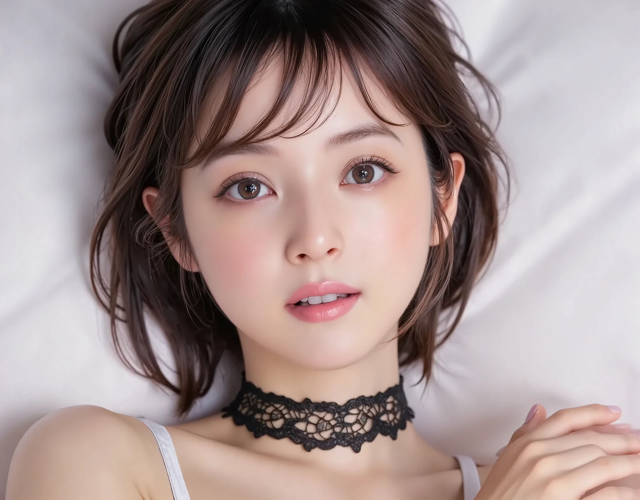 NSFW, (Highest quality), (Ultra-precise CG 16K wallpaper), (Realistic: 1.6), (High saturation), (Sharp), Beautiful detailed shading, Beautiful natural lighting, Beautiful detailed glow, Perfect anatomy, Composition in which the person fills the screen, Bright sunlight in the daytime, Natural light, Depth of field, (Mature 24 year old woman, One person: 1.6), (Very beautiful Japanese face), (Sasaki Nozomi), (Straight medium hair, bangs: 1.6), (Shiny black hair), (Sparkling eyes), (C cup size breasts, cleavage, slim thighs: 1.6), (Beautiful breasts), (Beautiful legs), (Beautiful skin), Beautiful proportions, (Half-open mouth, surprised face: 1.8), (looking at me: 1.6), (Wearing white lace bikini lingerie: 1.6), (Wearing lace choker), (Lying down pose: 1.6), (Bed, pillow), (Full screen image:1.8), (full body shot:1.6), (bird's-eye view of a woman:1.6), (woman lying on her back on a bed:1.6),