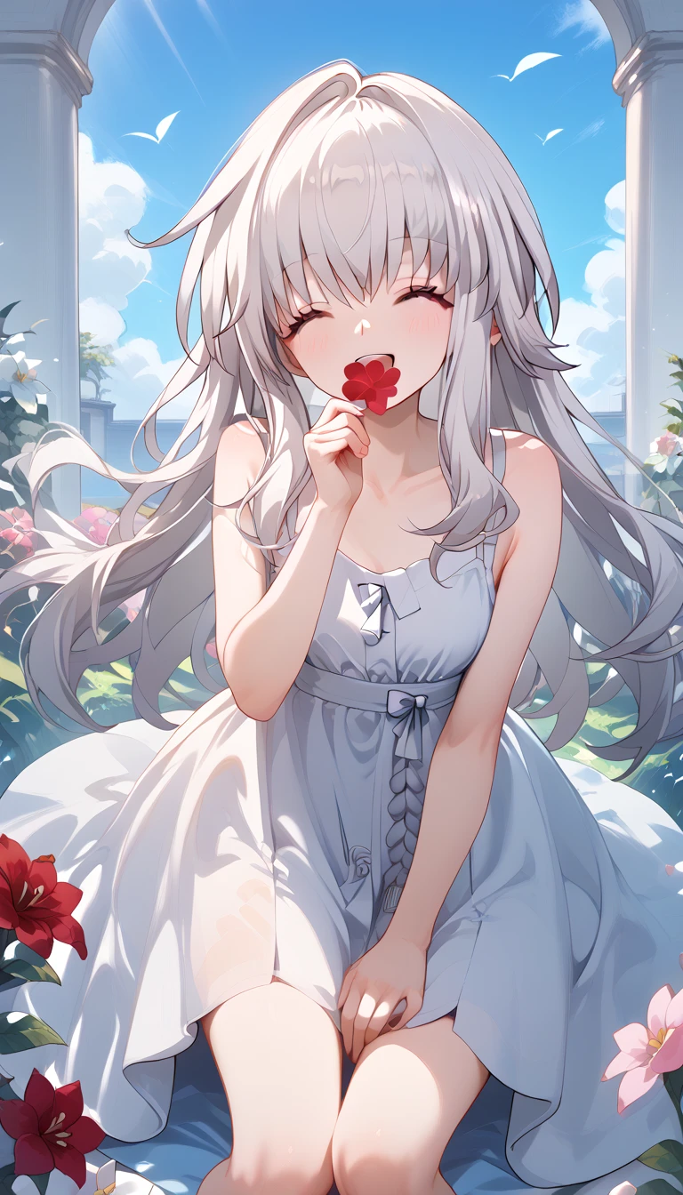 clara (honkai: star rail), 1girl, long hair, white hair, closed eyes,　alone,  eyebrow visible from inside hair ,  hair between eyes　 top quality, very aesthetic, sundress　smile　 sommer　in the flower garden　grassland　flower　in the sky　petal　outside　Sunlight　 open mouth 　 Flower blowing snow　 happy　fun　happy