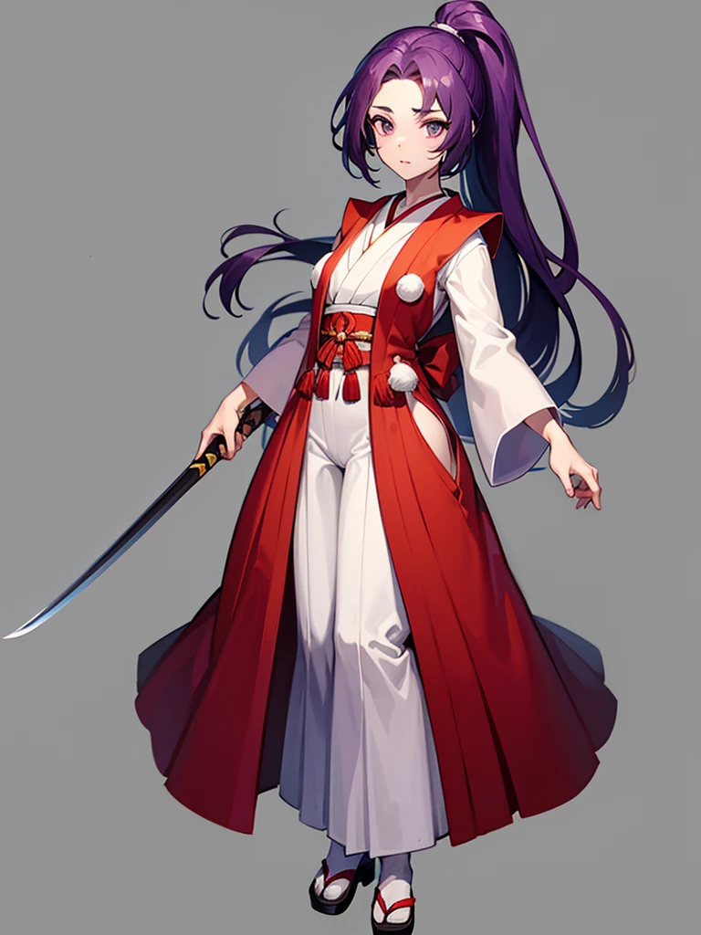 this is a picture of a girl dressed in a long gown with a sword, clean line drawings, ultra cute girl, ultra cute face, ultra detailed eyes, ultra detailed hair, ultra cute, ultra beautiful, ((high end)), (UHD picture), (best quality,4k,8k,highres,masterpiece:1.2), top-quality(​masterpiece), top-quality, ultra-detailed, highly detailed texture, intricate details, high quality textures, masterpiece, best quality, perfect quality, perfect anatomy, perfect body, perfect symmetrical face, perfect hands, perfect feet, (two arms:1.2), (two legs:1.2), (five fingers each:1.2), (perfect joint:1.2), perfect joint movement, precise fingers and hands, 1 beautiful girl, 1 girl, alone, solo, , , ((())), ((ish)), (Best Quality, hight resolution), extremely detailed and lifelike, Vibrant colors, simple background, very long hair, forehead visible bangs, hair flaps, purple hair, ponytail, well-formed face, purple eyes, japanese clothes, samurai, open vest, red vest, white kimono, long sleeves, wide sleeves, haori, long hakama, wide hemmed hakama, hakama pants, long trousers, sword, katana, holding katana, weapon