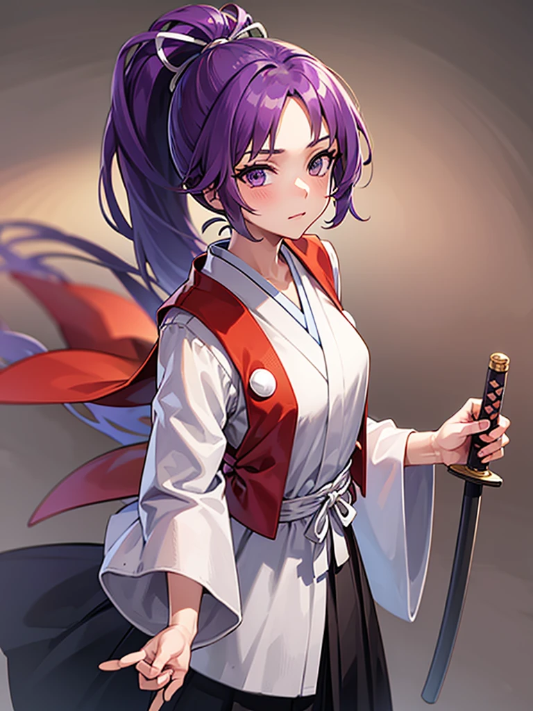 this is a picture of a girl dressed in a long gown with a sword, clean line drawings, ultra cute girl, ultra cute face, ultra detailed eyes, ultra detailed hair, ultra cute, ultra beautiful, ((high end)), (UHD picture), (best quality,4k,8k,highres,masterpiece:1.2), top-quality(​masterpiece), top-quality, ultra-detailed, highly detailed texture, intricate details, high quality textures, masterpiece, best quality, perfect quality, perfect anatomy, perfect body, perfect symmetrical face, perfect hands, perfect feet, (two arms:1.2), (two legs:1.2), (five fingers each:1.2), (perfect joint:1.2), perfect joint movement, precise fingers and hands, 1 beautiful girl, 1 girl, alone, solo, , , ((())), ((ish)), (Best Quality, hight resolution), extremely detailed and lifelike, Vibrant colors, simple background, very long hair, forehead visible bangs, hair flaps, purple hair, ponytail, well-formed face, purple eyes, japanese clothes, samurai, open vest, red vest, white kimono, long sleeves, wide sleeves, haori, long hakama, wide hemmed hakama, hakama pants, long trousers, sword, katana, holding katana, weapon