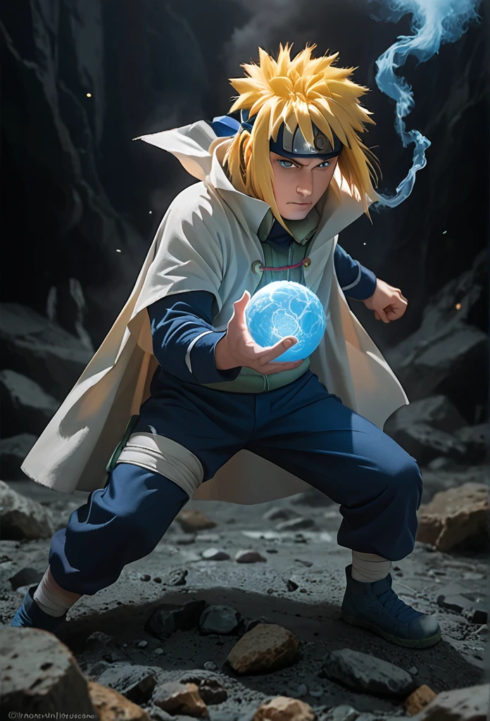 Minato namikaze, yellow hair, blue eyes, head protector, green rompi, white cloak, fight scene, one hand drag glowing blue ball and one hand in front, rocks background, smokes overlay, blue smoke