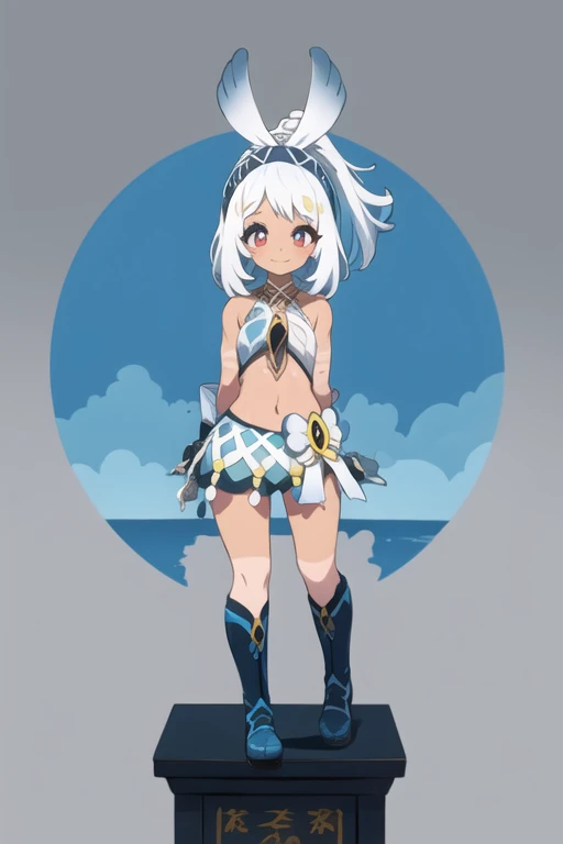 masterpiece, best quality, 1girl, solo, rabbit ears, white hair,  multicolored hair,braid, ponytail,  hairband,red eyes,  bare shoulders, wrist cuffs,gloves,sleeveless, crop top ,navel, blue skirt, jewelry,dark skin, 
grey background, cowboy shot, smile,full body , full body art , statue , standing on pedestal , pedestal , 1 girl , shrine , girl on pedestal