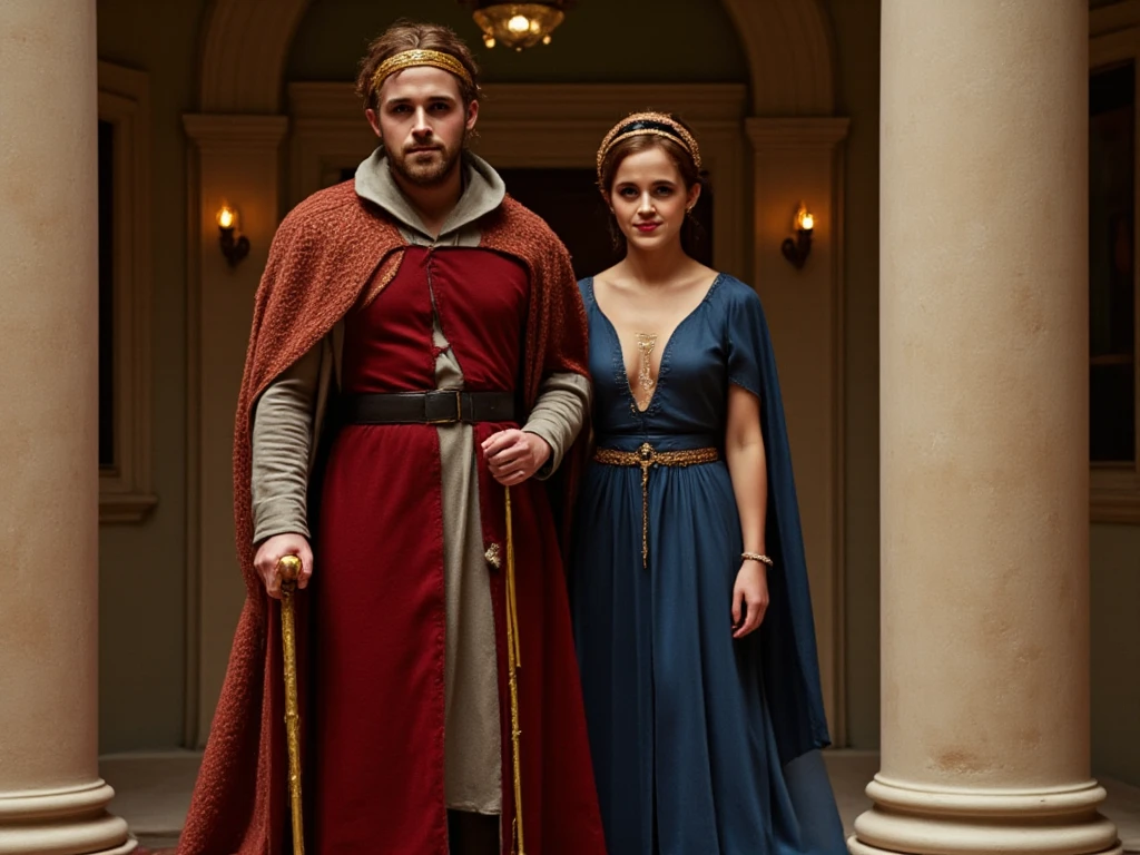 Front view, looking at camera, leading actor is Ryan Gosling, standing pose, on floor ,King Solomon ,  1 Jewish man, 50 -age, bread, serous, king gold crown , (ancient wool cloths, leather belt with gold buckle,  red clock), leather sandal, hand hold golden shepherd type long cane, near first wife actress Emma Watson ,(smile, jewel  tiara, ancient Jewish Queen wool clothe , blue veil, sandal) in king palace ,  with 1000 wife and lover, noon,  (textured skin , HI detail skin , slightly, Canon, 8k, anatomically accurate , super detailed, attention to detail, Your Highness) 