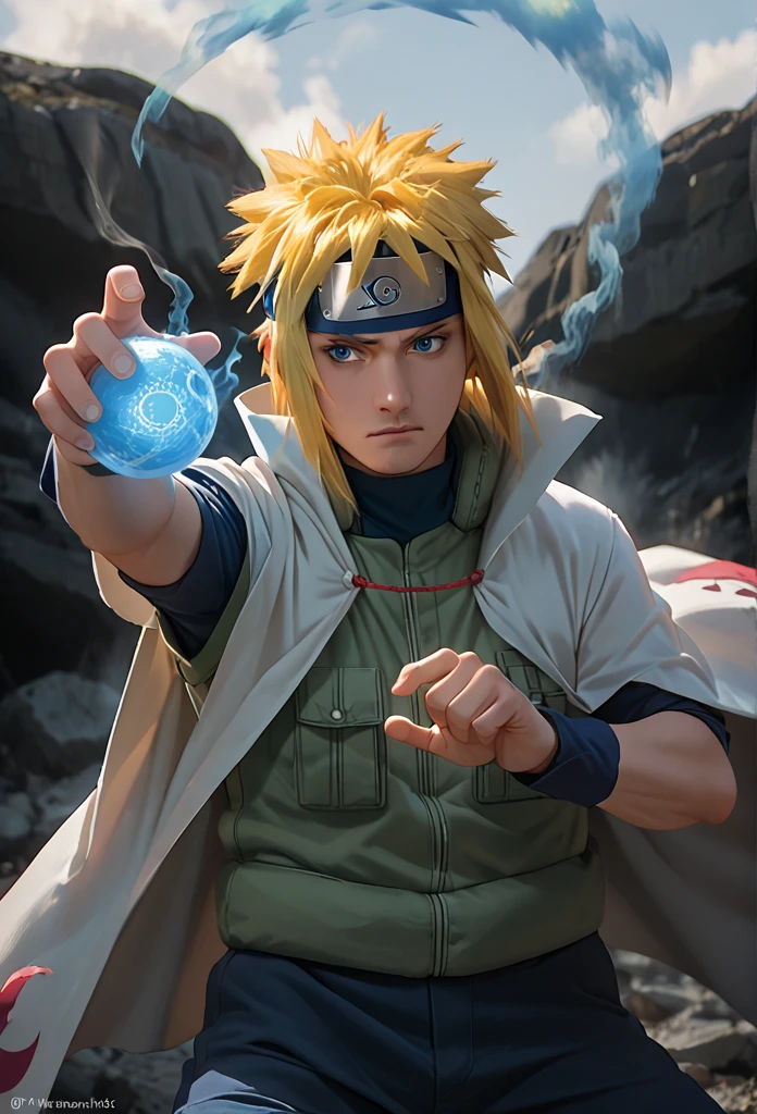 Minato namikaze, yellow hair, blue eyes, head protector, green vest, white cloak, fight scene, one hand drag glowing blue ball and one hand in front, rocks background, smokes overlay, blue smoke in area ball