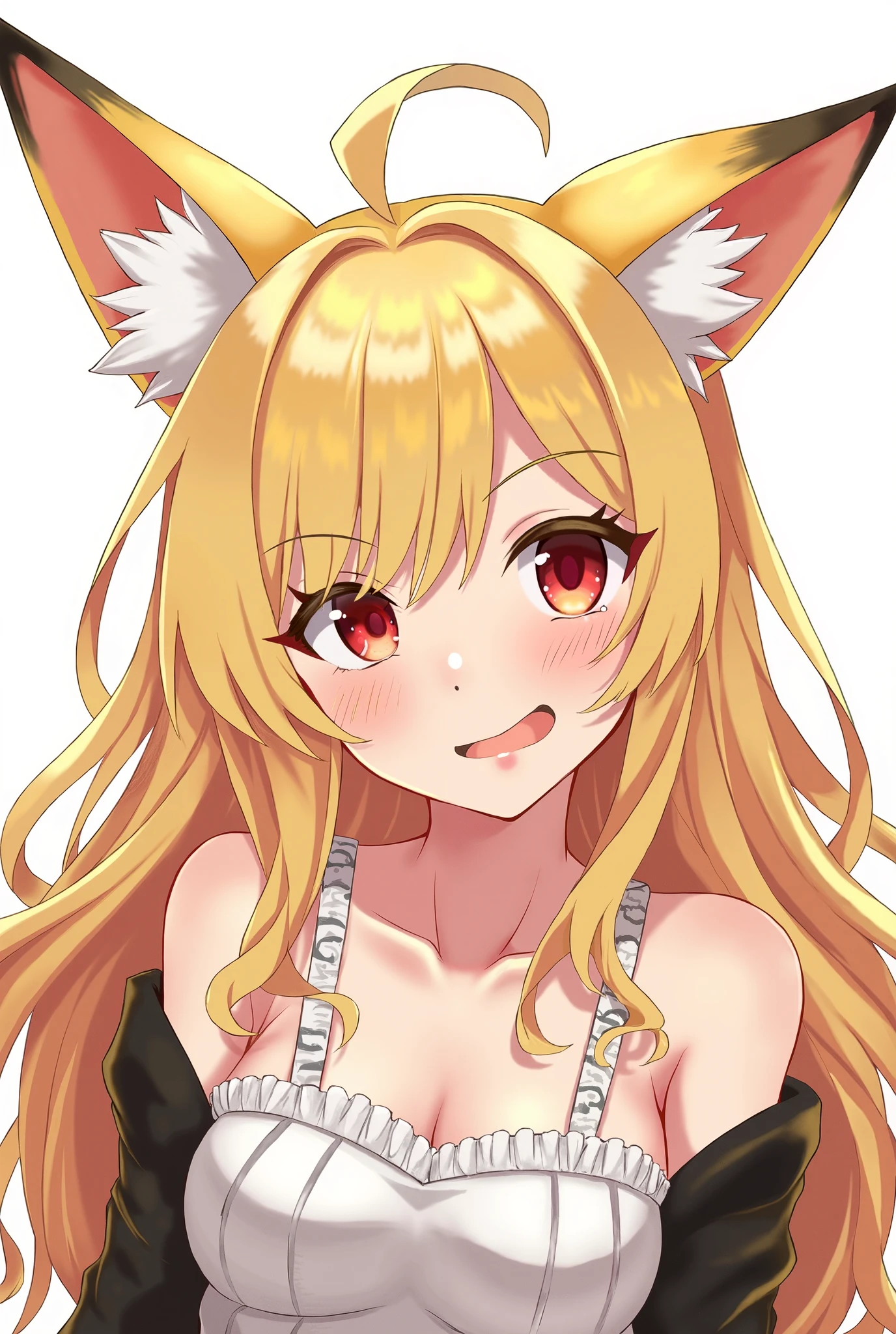 Light blonde anime girl, Eyes red , Red hair highlights in the front of the hair, blonde fox ears, ssmile
, long hair, face photo, red fashion dress clothes, older face ()