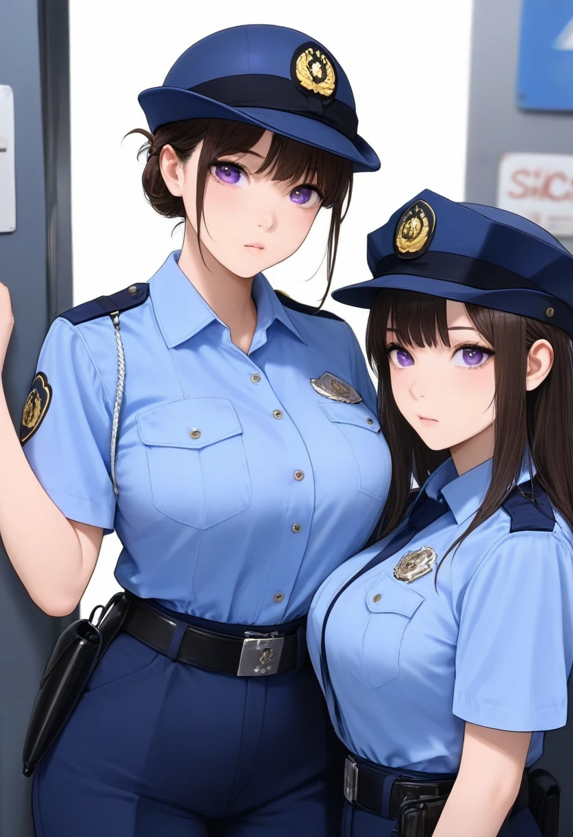 best quality,masterpiece,large breasts,purple eyes,dark brown hair,light blue shirt,blue pants,1girl, ,police hat,