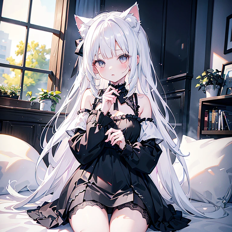 Cute pure white haired 18 year old cat ears girl wearing black lace dress and black lace short skirt and black stockings with black panties，Sit on the bed face very very very very red upskirt，Doing the kissing action ，There are no defects in the whole body，The whole body is in the picture 