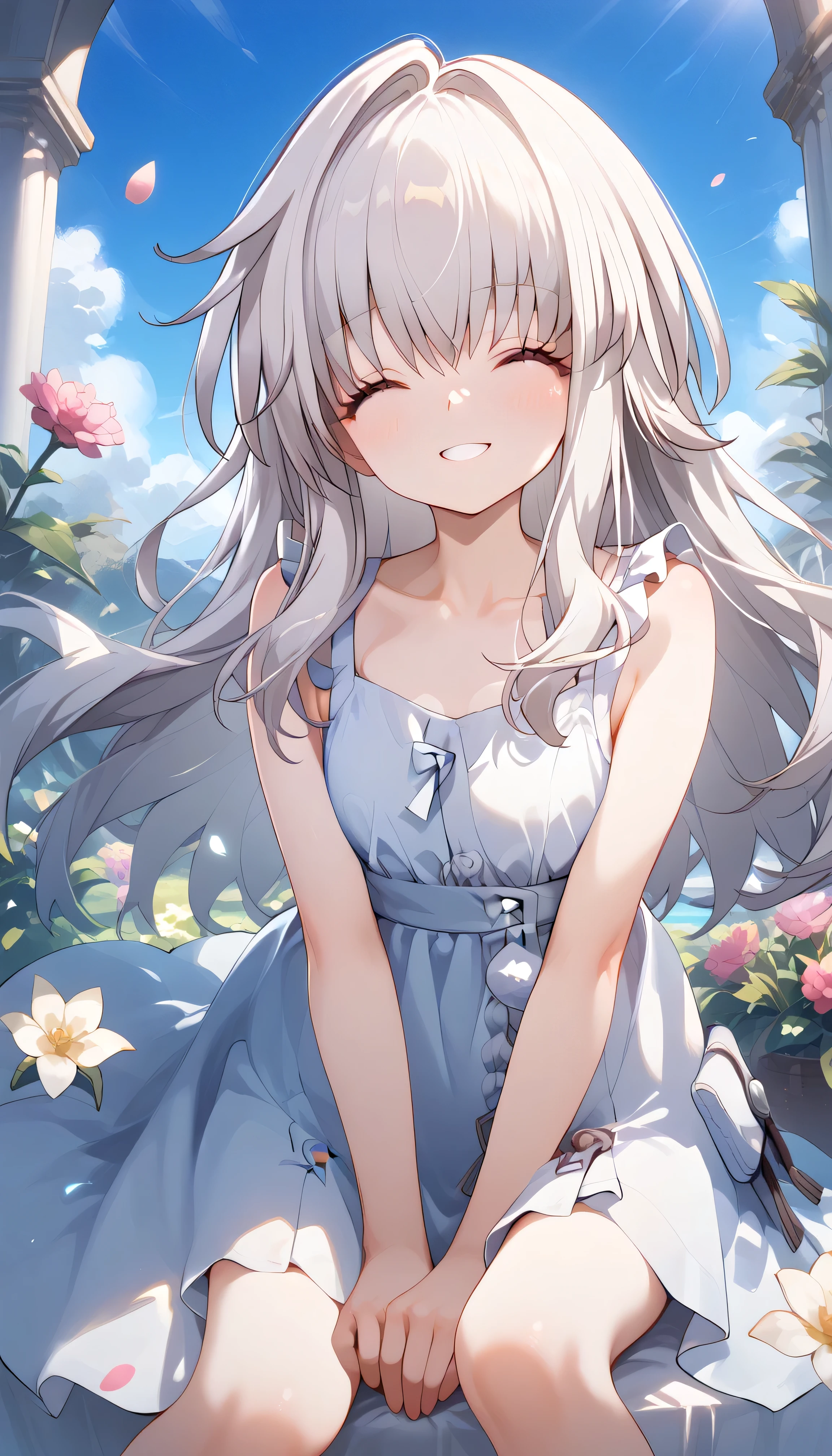 clara (honkai: star rail), 1girl, long hair, white hair, closed eyes,　Alone,  eyebrow visible from inside hair ,  hair between eyes　 top quality, very aesthetic, sundress　smile　summer　in the flower garden　grassland　flower　in the sky　petal　outside　Sunlight　口を開く　幸せ　楽しい　嬉しい