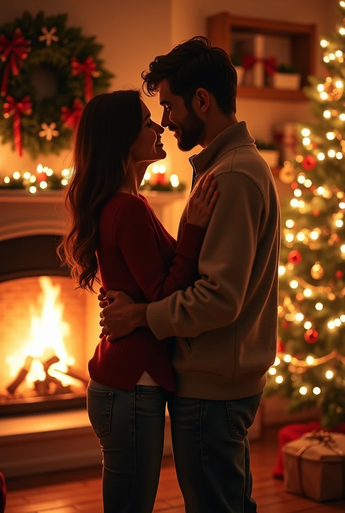dark haired Swedish woman, pale skin, hugging a tall dark haired handsome man in front of a Christmas tree. indoors, night, warm lighting
