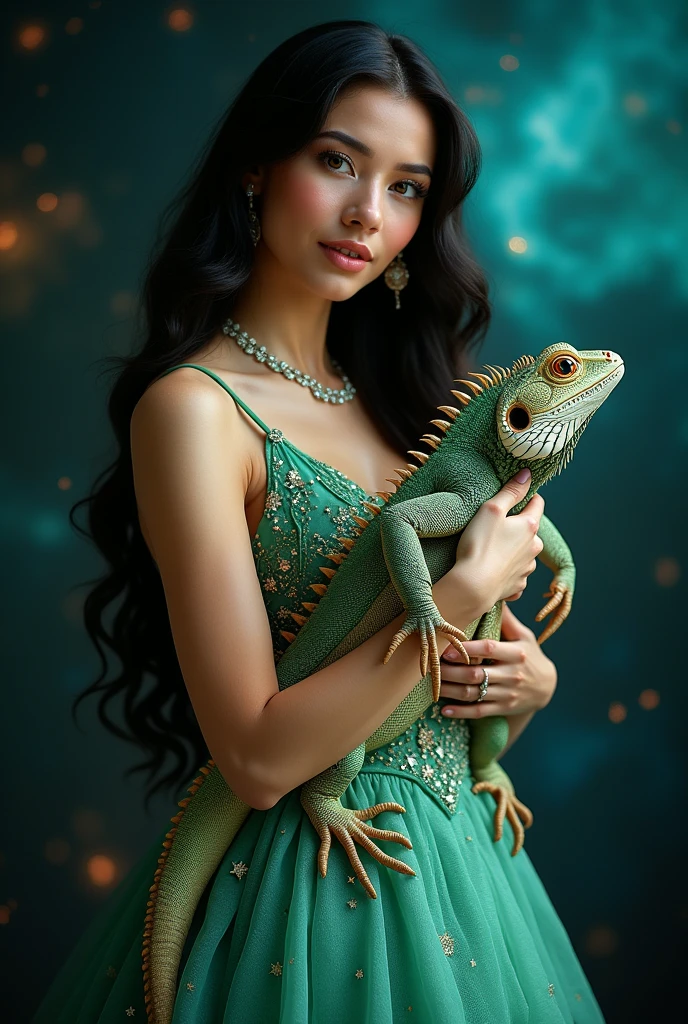 Beautiful girl of Slavic appearance with green eyes., plump lips, dark long hair with bangs, Dressed in a fur coat, holding a little cute green dragon in his arms, super detaill, hiquality