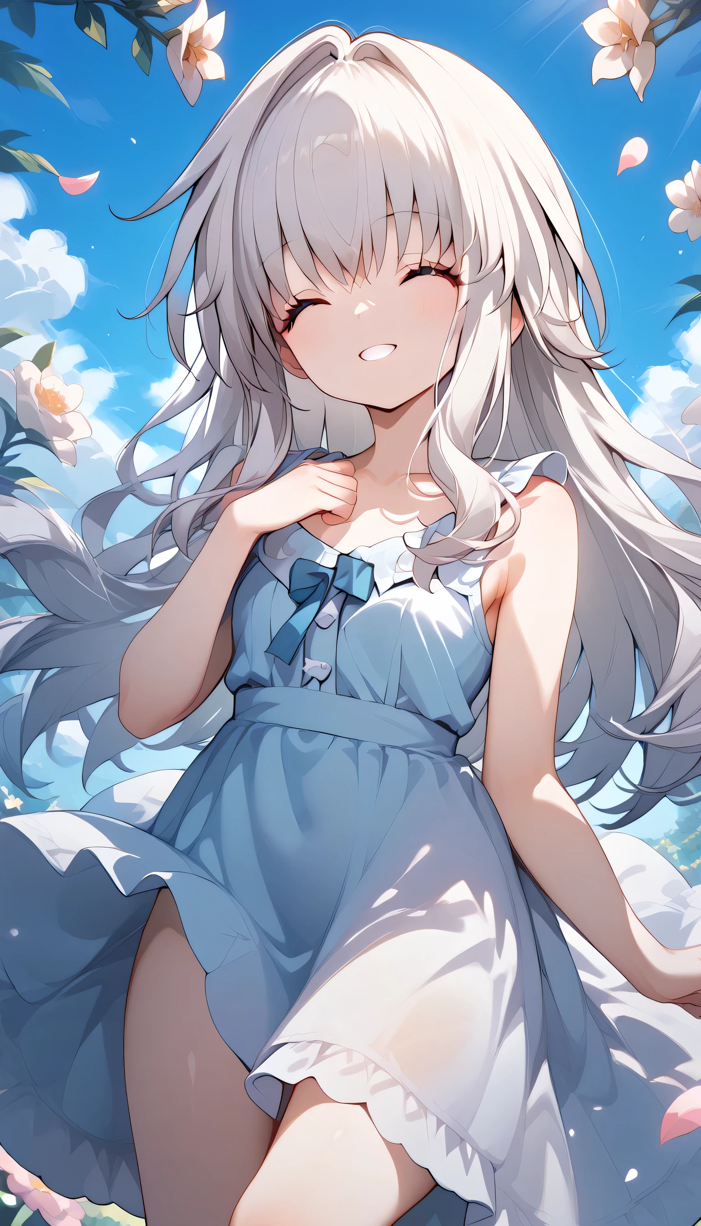 clara (honkai: star rail), 1girl, long hair, white hair, closed eyes,　Alone,  eyebrow visible from inside hair ,  hair between eyes　 top quality, very aesthetic, sundress　smile　summer　in the flower garden　grassland　flower　in the sky　petal　outside　Sunlight　口を開く　幸せ　楽しい　嬉しい